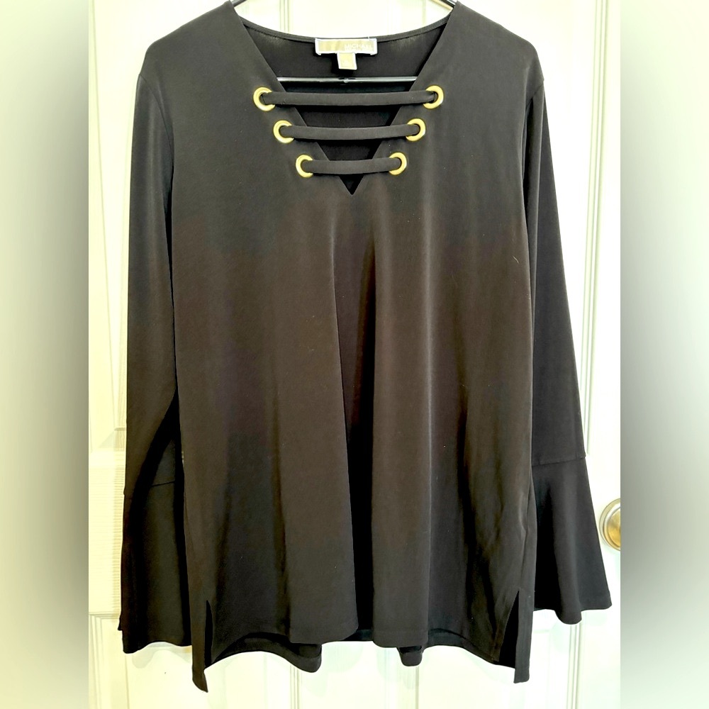 Michael Kors Top XL Black Gold Accents Long Sleeve with Bell Cuffs
